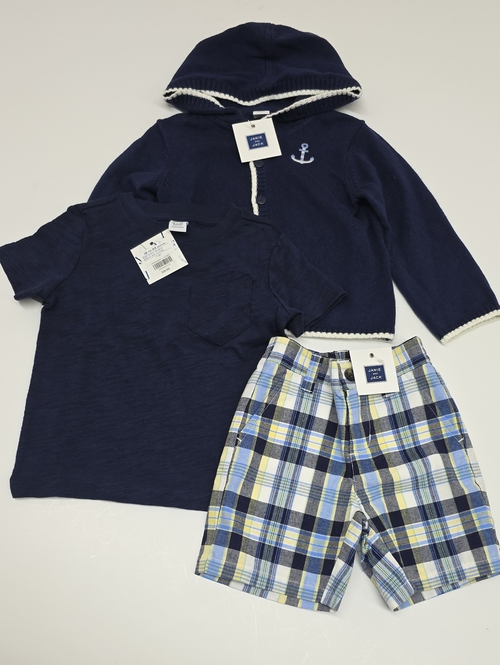 Janie and Jack Navy Hoodie, Tee & Blue Plaid Shorts Set